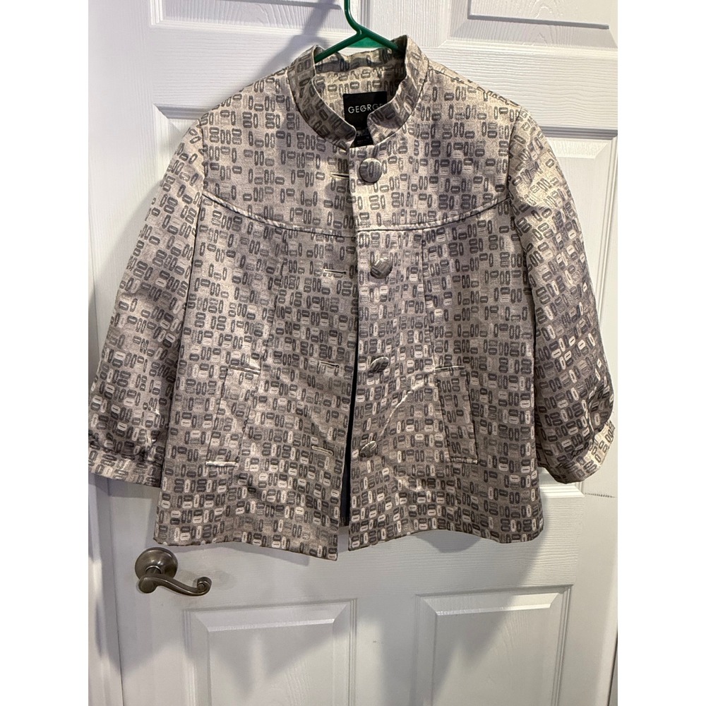 George Silver Grey Geometric Jacquard Mandarin Collar‎ Button Front Jacket